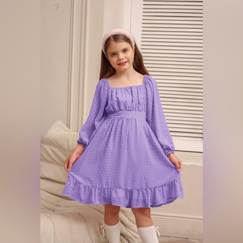 GRACE KARIN Girls Ruffle Tiered Dress Long Sleeve Swiss Dot Flowy A-Line 12Y